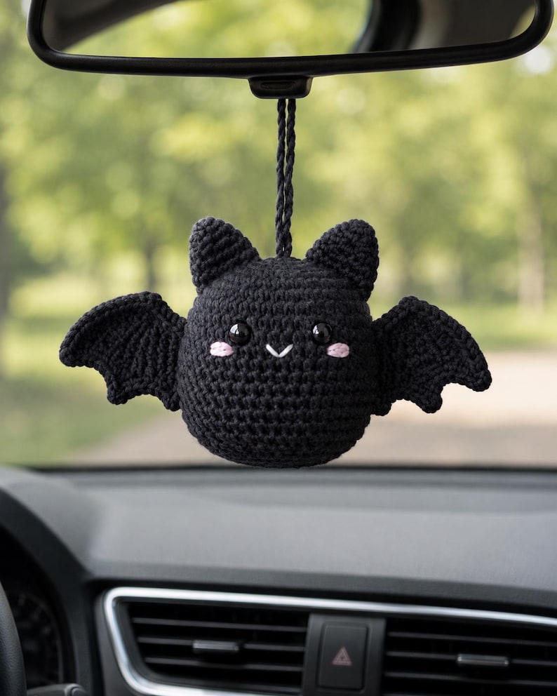 Crochet Bat Car Rearview Mirror Hanging Ornament, Cute Spooky Halloween Car Accessories, Handmade Amigurumi Bat Decor, New Driver Gift