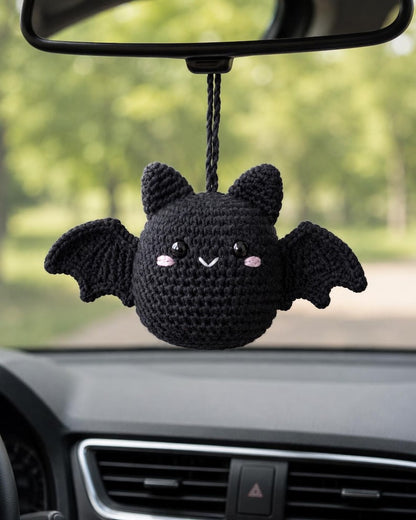 Crochet Bat Car Rearview Mirror Hanging Ornament, Cute Spooky Halloween Car Accessories, Handmade Amigurumi Bat Decor, New Driver Gift