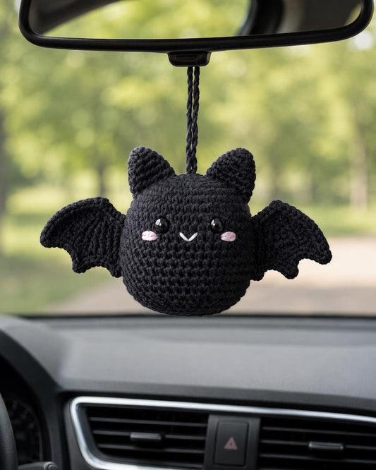 Crochet Bat Car Rearview Mirror Hanging Ornament, Cute Spooky Halloween Car Accessories, Handmade Amigurumi Bat Decor, New Driver Gift