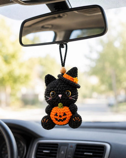 Crochet Black Cat Car Rearview Mirror Hanging Ornament, Halloween Witch Cat Car Accessories, Cute Pumpkin Cat Charm, New Driver Gift