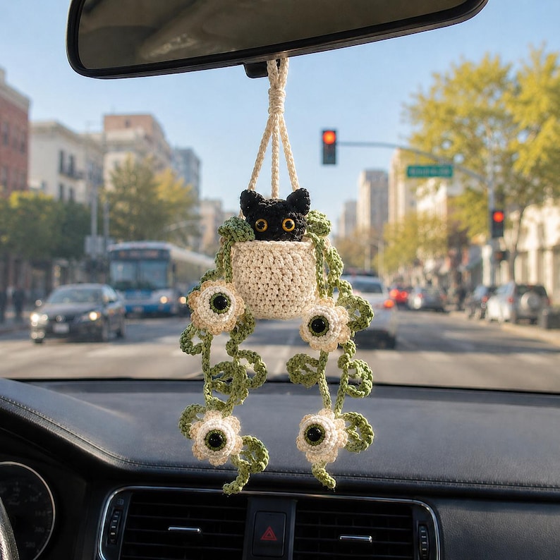 Crochet Halloween Black Cat Plant Car Hanging, Eyeball Flower Plant Car Charm, Spooky Cute Halloween Car Decor, Plant Lover Gift