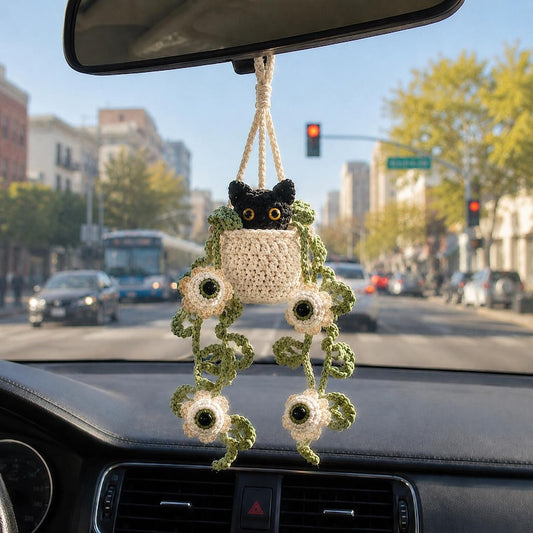 Crochet Halloween Black Cat Plant Car Hanging, Eyeball Flower Plant Car Charm, Spooky Cute Halloween Car Decor, Plant Lover Gift