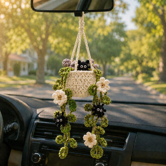 Halloween Crochet Spider Car Hanging Plant, Cute Rear View Mirror Charm, Spooky Floral Basket Decor, Handmade Fall Car Gift