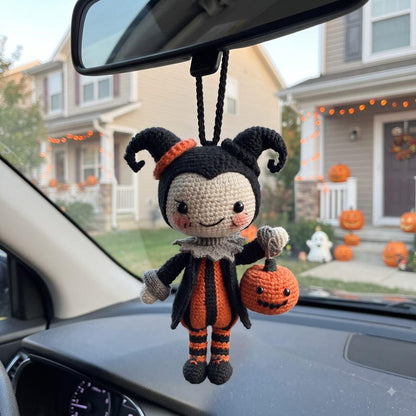 Halloween Crochet Car Charm | Devil Amigurumi Rear View Mirror Accessory | Kawaii Pumpkin Jack-O-Lantern Doll