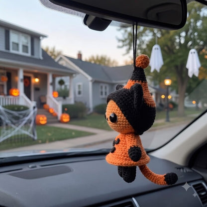 Halloween Crochet Cat Car Charm | Witch Hat Amigurumi Hanging Ornament | Kawaii Black Orange Rear View Mirror Decor