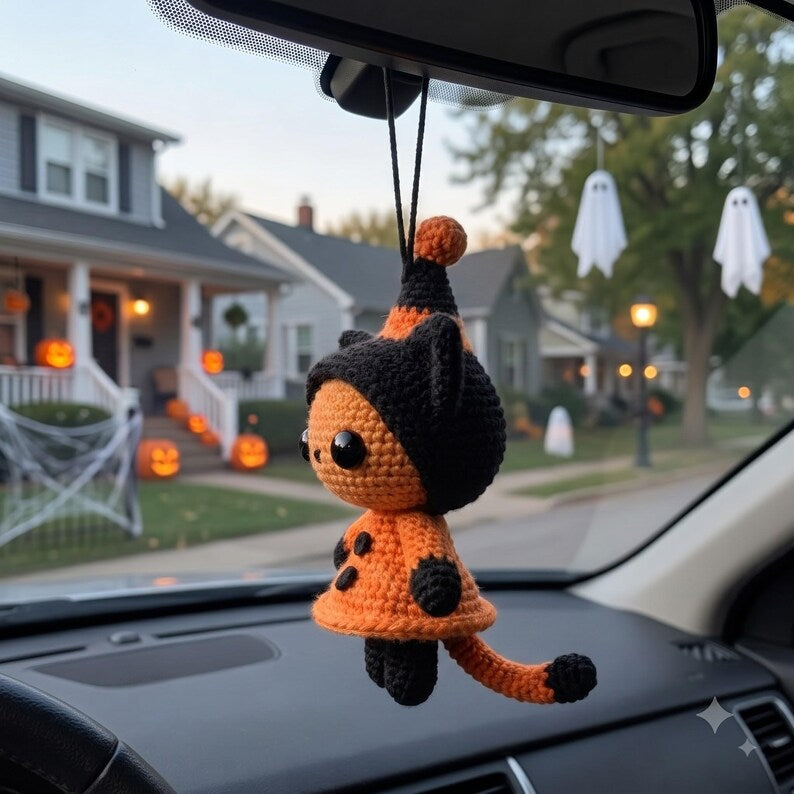 Halloween Crochet Cat Car Charm | Witch Hat Amigurumi Hanging Ornament | Kawaii Black Orange Rear View Mirror Decor