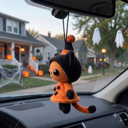 Halloween Crochet Cat Car Charm | Witch Hat Amigurumi Hanging Ornament | Kawaii Black Orange Rear View Mirror Decor