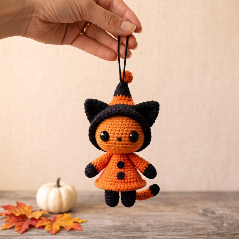 Halloween Crochet Cat Car Charm | Witch Hat Amigurumi Hanging Ornament | Kawaii Black Orange Rear View Mirror Decor