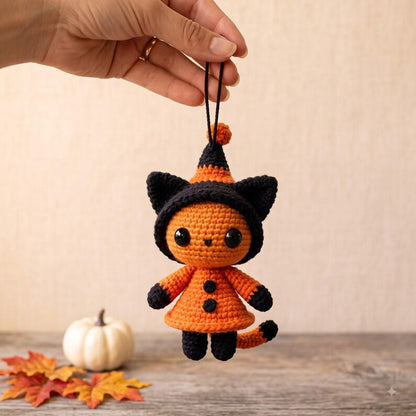 Halloween Crochet Cat Car Charm | Witch Hat Amigurumi Hanging Ornament | Kawaii Black Orange Rear View Mirror Decor