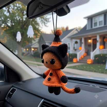 Halloween Crochet Cat Car Charm | Witch Hat Amigurumi Hanging Ornament | Kawaii Black Orange Rear View Mirror Decor