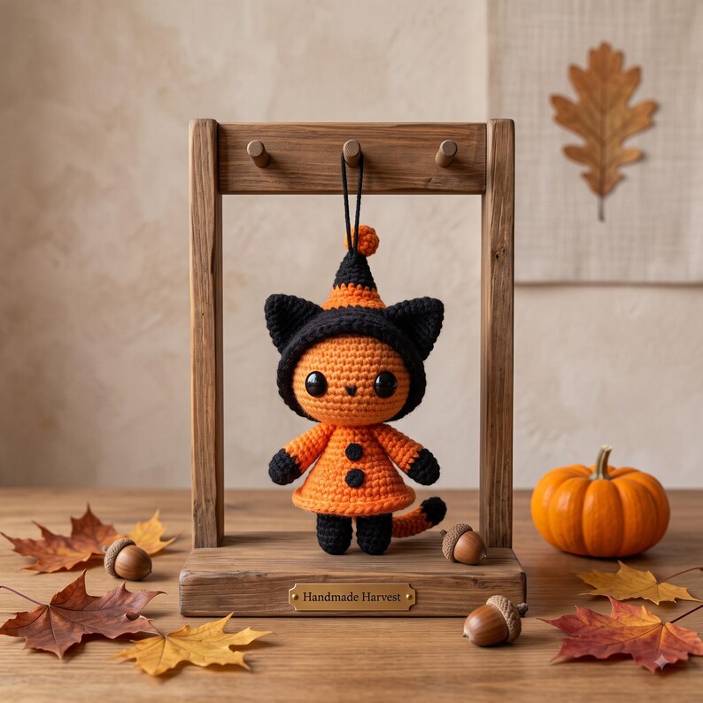 Halloween Crochet Cat Car Charm | Witch Hat Amigurumi Hanging Ornament | Kawaii Black Orange Rear View Mirror Decor