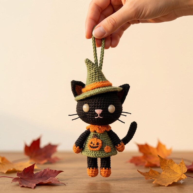 Crochet Halloween Car Charm | Black Cat Witch Amigurumi Rear View Mirror Hanging