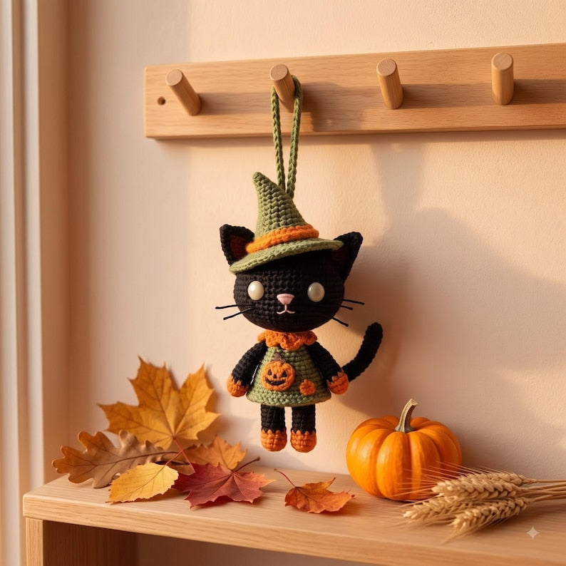 Crochet Halloween Car Charm | Black Cat Witch Amigurumi Rear View Mirror Hanging