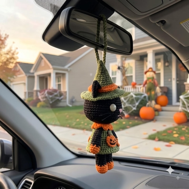 Crochet Halloween Car Charm | Black Cat Witch Amigurumi Rear View Mirror Hanging