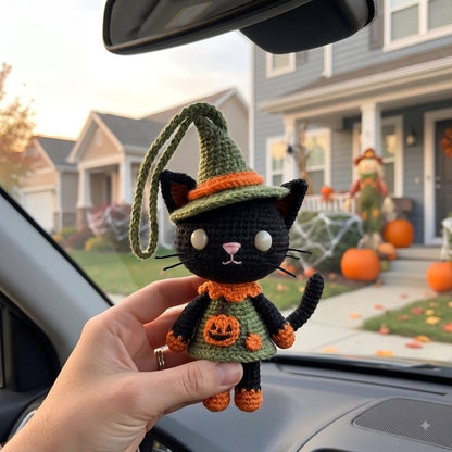 Crochet Halloween Car Charm | Black Cat Witch Amigurumi Rear View Mirror Hanging