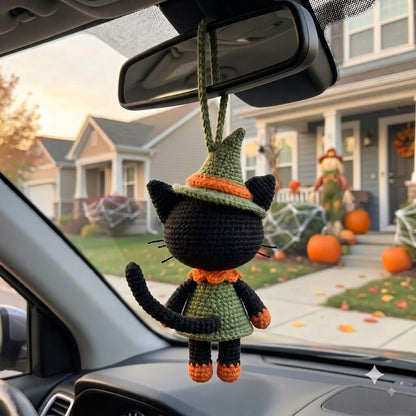 Crochet Halloween Car Charm | Black Cat Witch Amigurumi Rear View Mirror Hanging