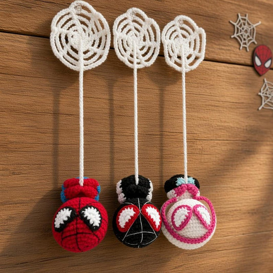 Crochet Spider Hero Car Mirror Hanging | Handmade Amigurumi Superhero Car Charm, Rearview Mirror Ornament, Gift for Comic Fans