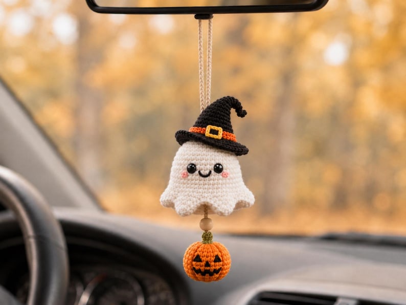 Halloween Crochet Car Mirror Charm, Ghost, Skeleton, Black Cat & Grim Reaper Keychain, Halloween Pumpking, Halloween Gift Idea Ornament