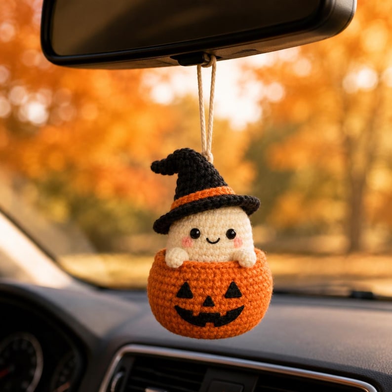 Halloween Crochet Car Mirror Charm, Ghost, Skeleton, Black Cat & Grim Reaper Keychain, Halloween Pumpking, Halloween Gift Idea Ornament
