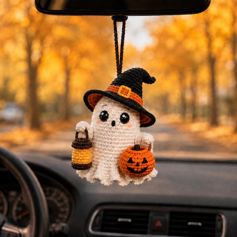 Halloween Crochet Car Mirror Charm, Ghost, Skeleton, Black Cat & Grim Reaper Keychain, Halloween Pumpking, Halloween Gift Idea Ornament
