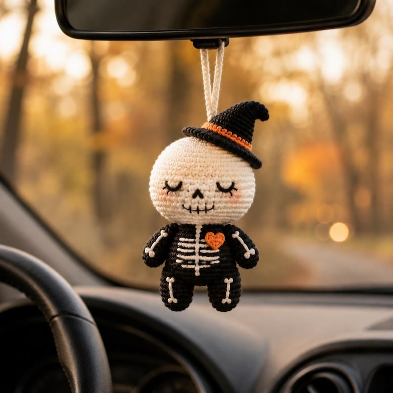 Halloween Crochet Car Mirror Charm, Ghost, Skeleton, Black Cat & Grim Reaper Keychain, Halloween Pumpking, Halloween Gift Idea Ornament