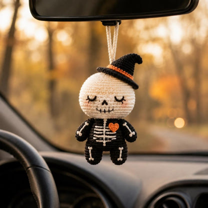 Halloween Crochet Car Mirror Charm, Ghost, Skeleton, Black Cat & Grim Reaper Keychain, Halloween Pumpking, Halloween Gift Idea Ornament