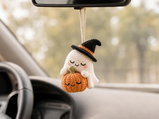 Halloween Crochet Car Mirror Charm, Ghost, Skeleton, Black Cat & Grim Reaper Keychain, Halloween Pumpking, Halloween Gift Idea Ornament