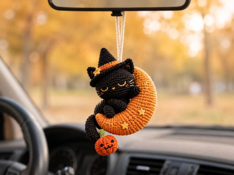 Halloween Crochet Car Mirror Charm, Ghost, Skeleton, Black Cat & Grim Reaper Keychain, Halloween Pumpking, Halloween Gift Idea Ornament