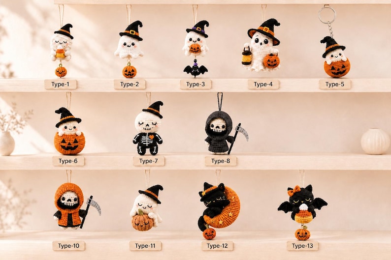 Halloween Crochet Car Mirror Charm, Ghost, Skeleton, Black Cat & Grim Reaper Keychain, Halloween Pumpking, Halloween Gift Idea Ornament