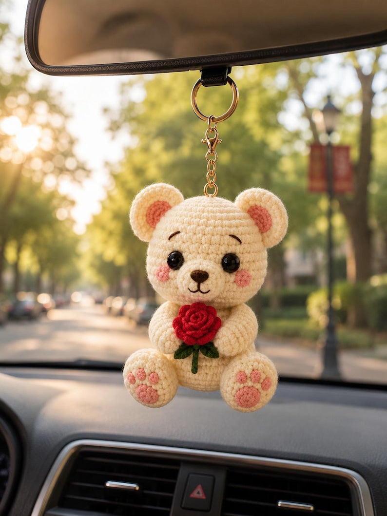 Crochet Bear Keychain, Cute Teddy Bear Bag Charm, Handmade Amigurumi Bear with Rose, Crochet Purse Charm, Birthday Gift for Her