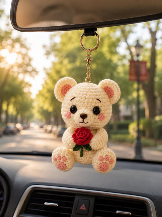 Crochet Bear Keychain, Cute Teddy Bear Bag Charm, Handmade Amigurumi Bear with Rose, Crochet Purse Charm, Birthday Gift for Her