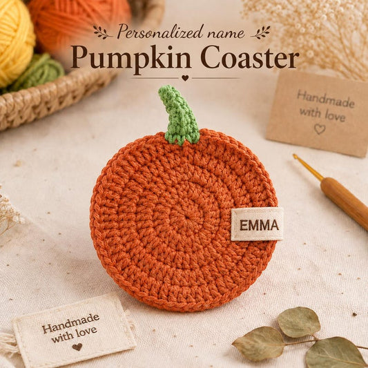 Personalized Pumpkin Coaster, Crochet Fall Coaster with Embroidered Name, Custom Autumn Gift, Thanksgiving Table Decor, Housewarming Gift