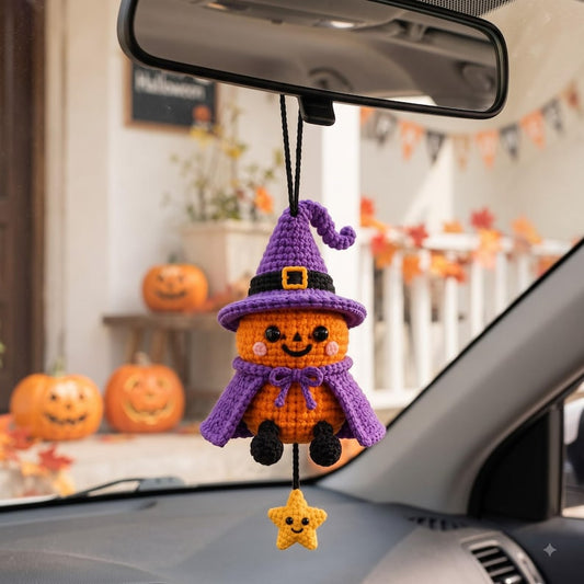 Crochet Halloween Pumpkin Car Charm | Witch Hat Amigurumi Rearview Mirror Ornament