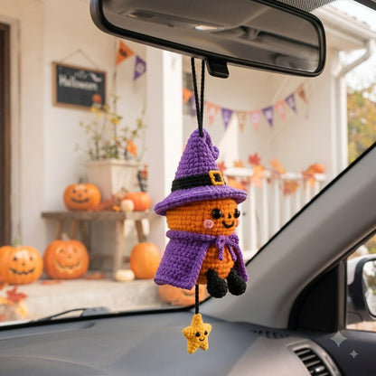 Crochet Halloween Pumpkin Car Charm | Witch Hat Amigurumi Rearview Mirror Ornament