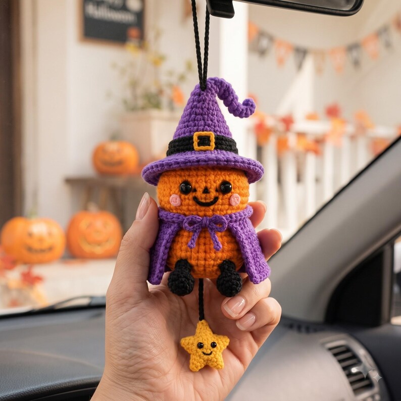 Crochet Halloween Pumpkin Car Charm | Witch Hat Amigurumi Rearview Mirror Ornament