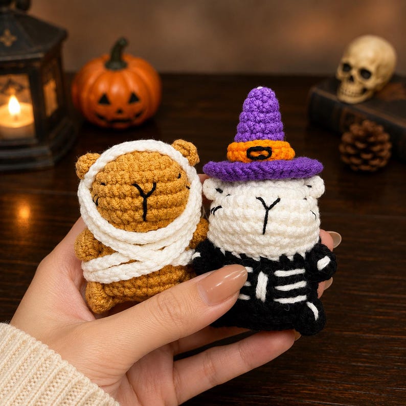 Halloween Capybara Crochet Plush, Cute Spooky Crochet Animal Keychain, Witch Vampire Mummy, Halloween Desk Decor, Spooky Gift