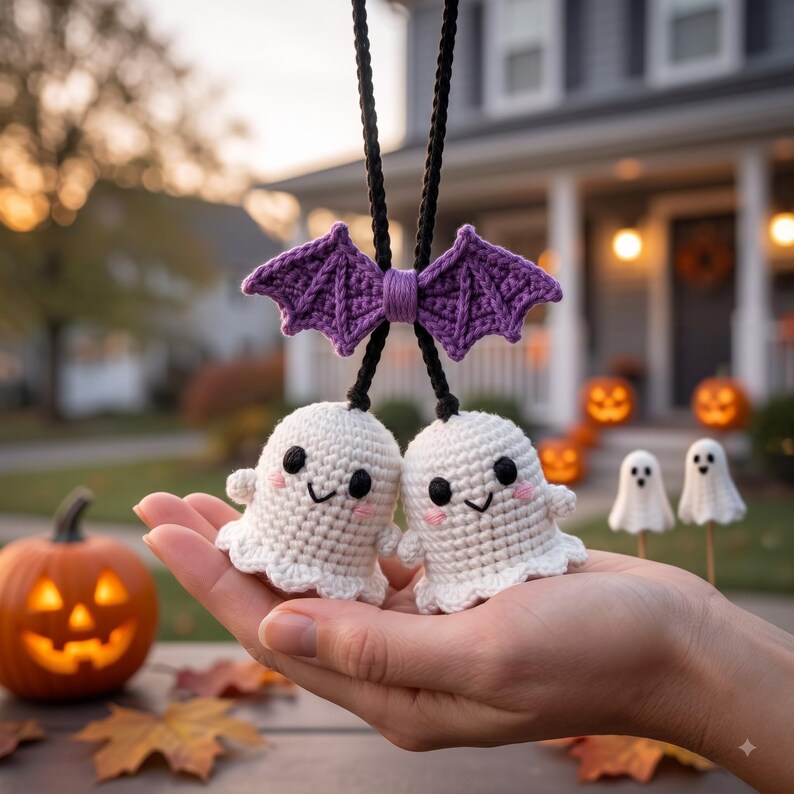 Crochet Ghost Car Charm | Kawaii Halloween Rearview Mirror Hanging
