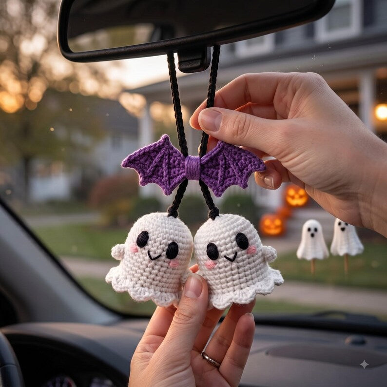 Crochet Ghost Car Charm | Kawaii Halloween Rearview Mirror Hanging