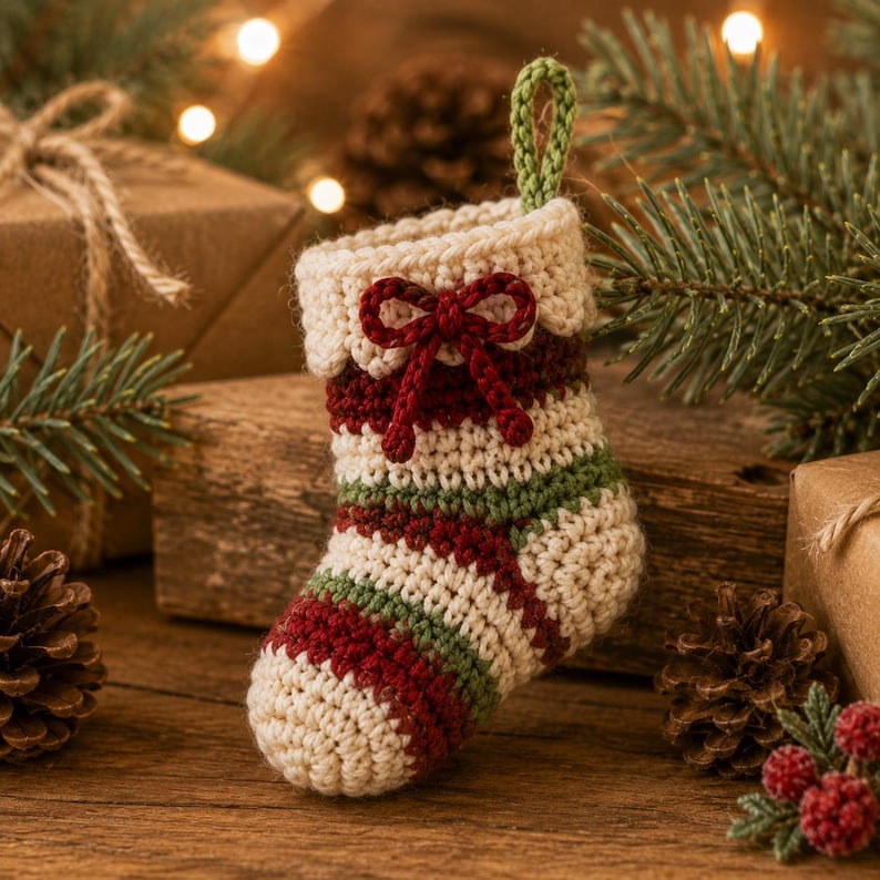 Crochet Christmas Stocking, Handmade Mini Stocking Ornament, Christmas Tree Hanging Decor, Holiday Stocking Gift, Crochet Xmas Decoration