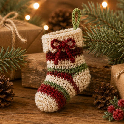 Crochet Christmas Stocking, Handmade Mini Stocking Ornament, Christmas Tree Hanging Decor, Holiday Stocking Gift, Crochet Xmas Decoration