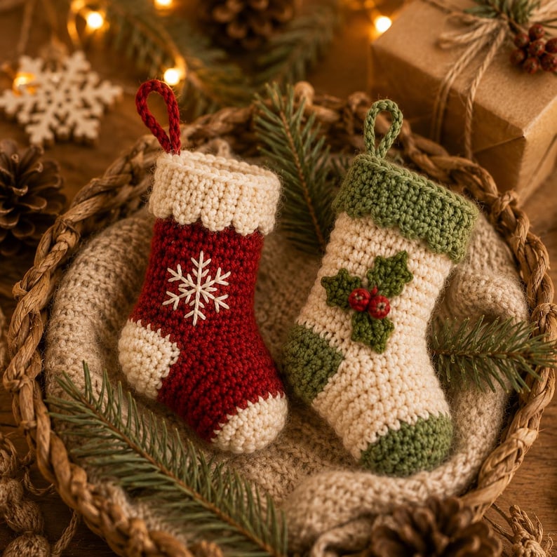 Crochet Christmas Stocking, Handmade Mini Stocking Ornament, Christmas Tree Hanging Decor, Holiday Stocking Gift, Crochet Xmas Decoration
