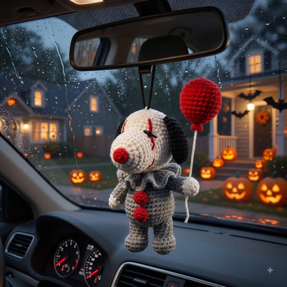 Crochet Pennywise Car Charm | Horror Clown Rearview Mirror Ornament | Halloween Amigurumi Hanging Decor Gift