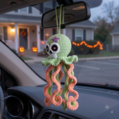Crochet Skull Octopus Car Charm | Spooky Cute Rearview Mirror Hanging