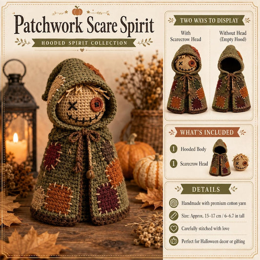 Crochet Scarecrow Doll, Patchwork Fall Decor, Rustic Harvest Shelf Sitter, Farmhouse Halloween Decoration