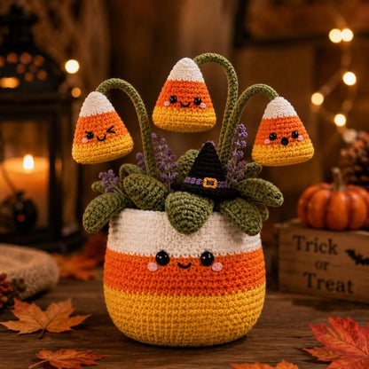 Crochet Candy Corn Plant Decor, Handmade Halloween Candy Corn Pot, Cute Amigurumi Fall Centerpiece, Spooky Season Gift