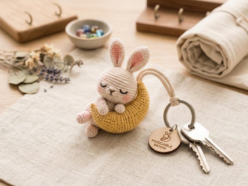 Crochet Bunny Car Mirror Charm or Keychain, Crescent Moon Rabbit & Hugging Monkeys, Handmade Amigurumi, Cute Gift for Her