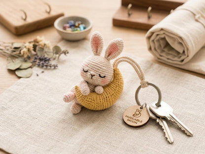 Crochet Bunny Car Mirror Charm or Keychain, Crescent Moon Rabbit & Hugging Monkeys, Handmade Amigurumi, Cute Gift for Her