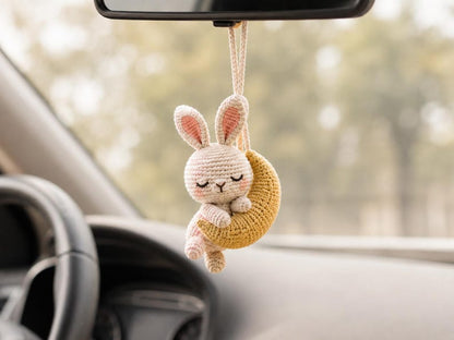Crochet Bunny Car Mirror Charm or Keychain, Crescent Moon Rabbit & Hugging Monkeys, Handmade Amigurumi, Cute Gift for Her