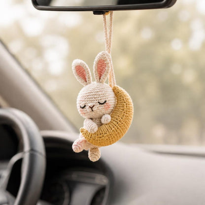 Crochet Bunny Car Mirror Charm or Keychain, Crescent Moon Rabbit & Hugging Monkeys, Handmade Amigurumi, Cute Gift for Her
