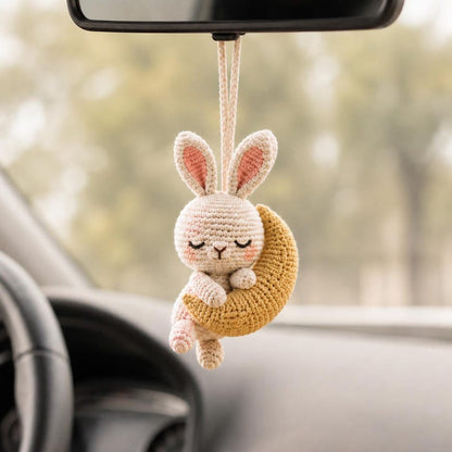 Crochet Bunny Car Mirror Charm or Keychain, Crescent Moon Rabbit & Hugging Monkeys, Handmade Amigurumi, Cute Gift for Her